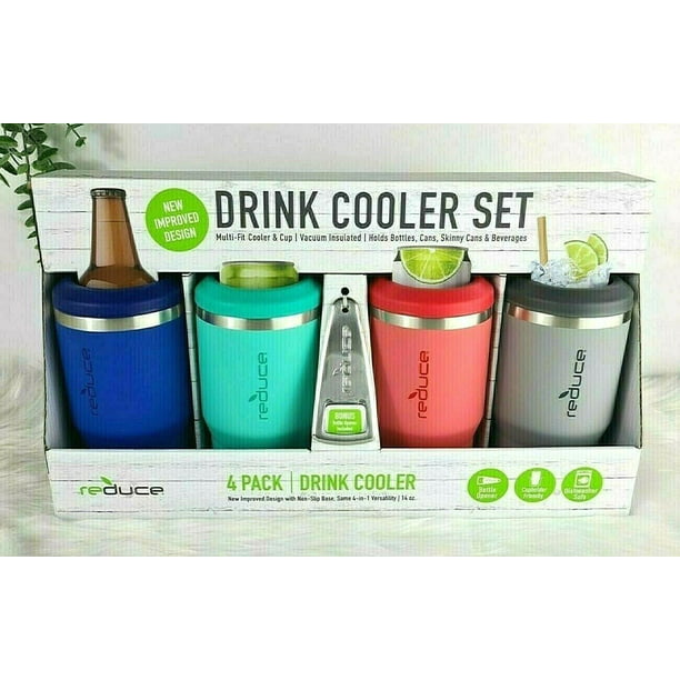 REDUCE 4-in-1 Stainless Steel Bottle and Can Insulator Perfect for Outdoor Drinking Green Blue Pink /& Gray 4pk Sweat-Free Skinny Cans and Mixed Drinks Cold Keeps Bottles Cans